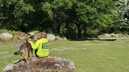 women with light brown hair in a pony tail sitting on a large granite rock in a field with her left hand on her german sherpard dog wearing a high visibility hoodie reading "GIVE US SPACE Nervous Dog In Training" 