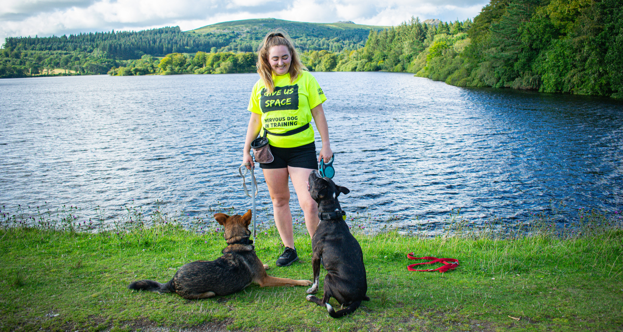 nervous-sable-dog-laying-down-next-to-black-and-white-staffie-looking-up-to-blonde-lady-wearing-bright-yellow-give-us-space-near-reservoir