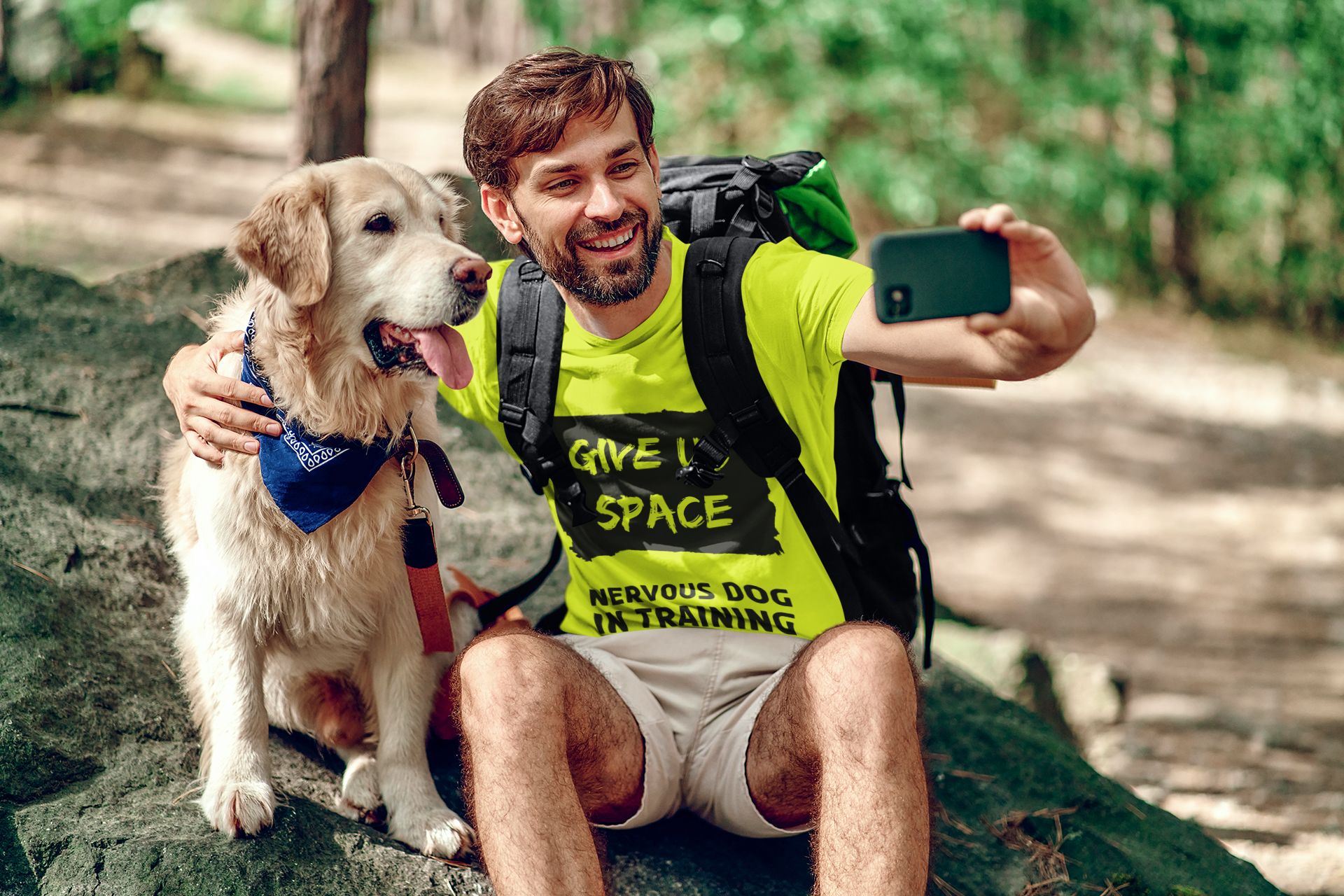 nervy-mutt-high-vis-yellow-tshirt-worn-by-happy-hiker-taking-a-selfie-with-his-dog